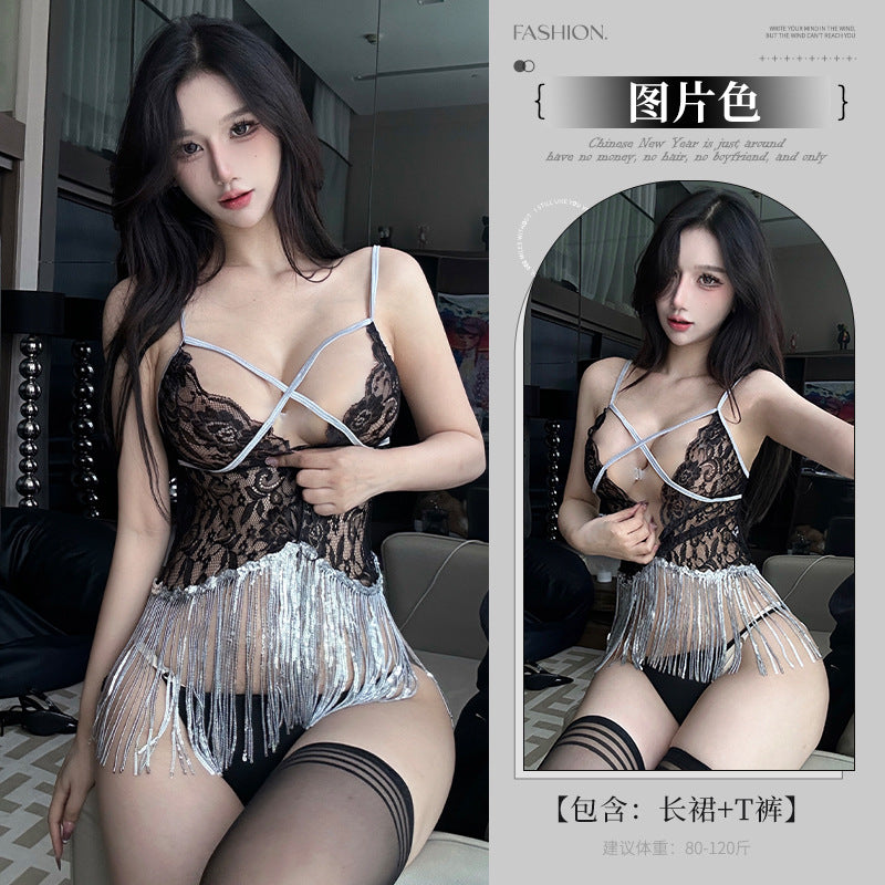 Image of Love like erotic lingerie fringe Latin dance skirt uniform seduction lace see-through sexy suspender cross-tie 5584